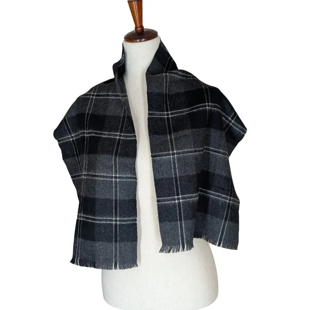 Gray Black Plaid Cashmere & Lambswool Scarf Imported